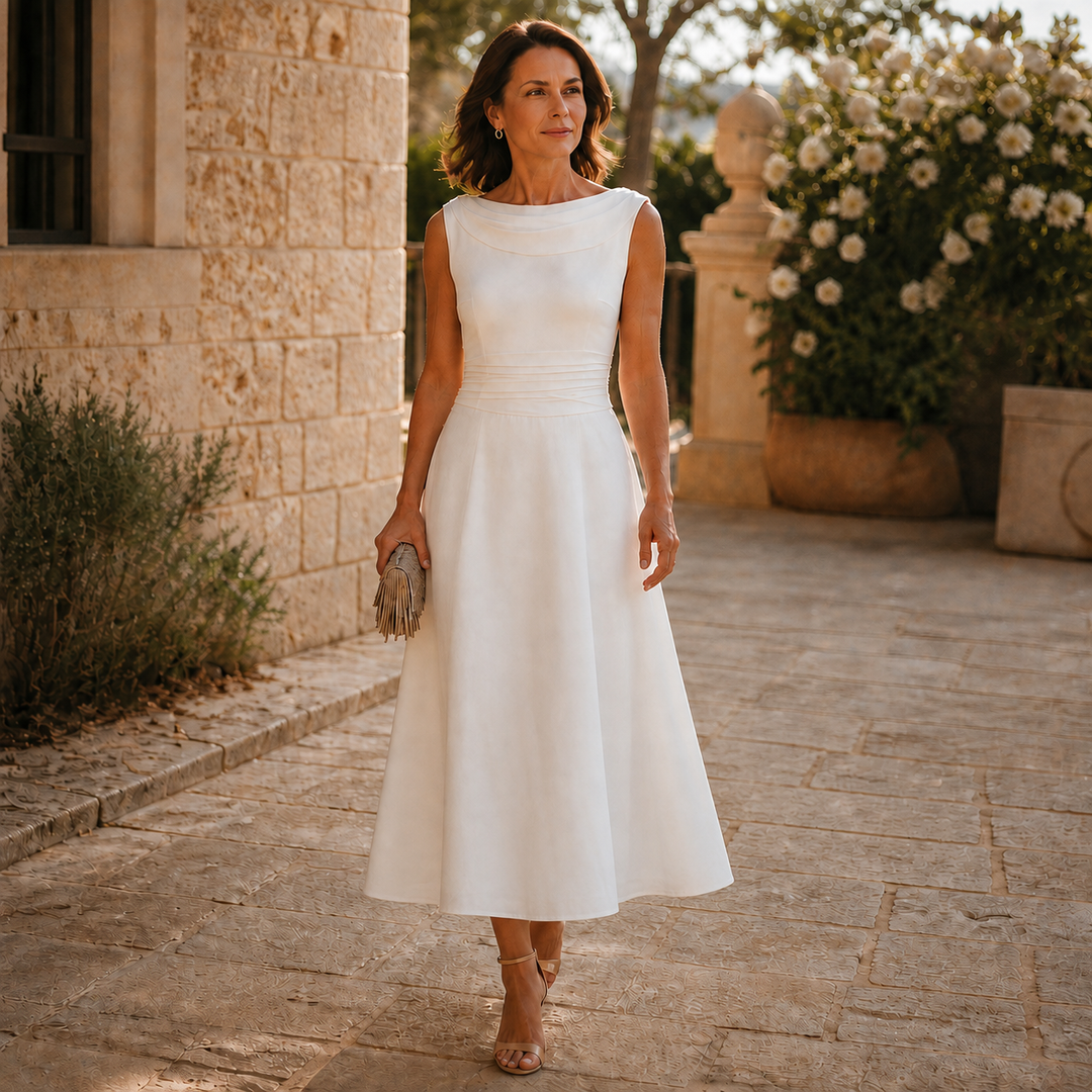 Draperie Draped-Neck Pleated A-Line Wedding Guest Dress - Elena Harper