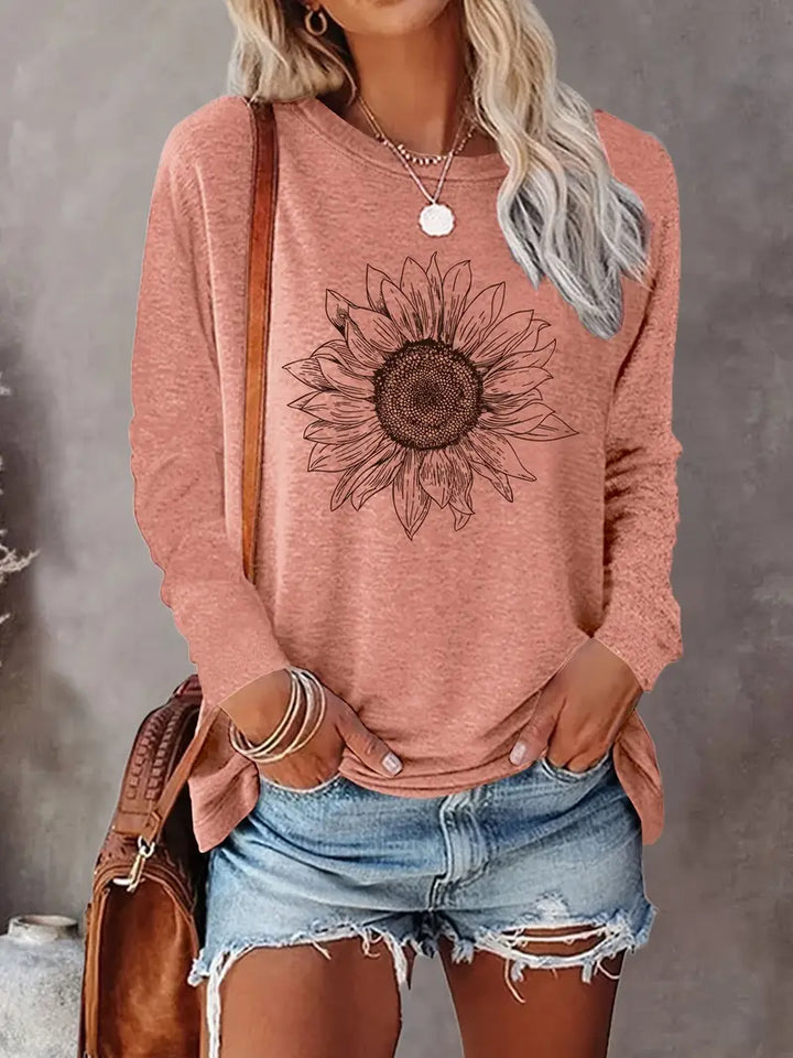 Levine Elegant Long Sleeve Tunic Top with Sunflower Prints - Elena Harper