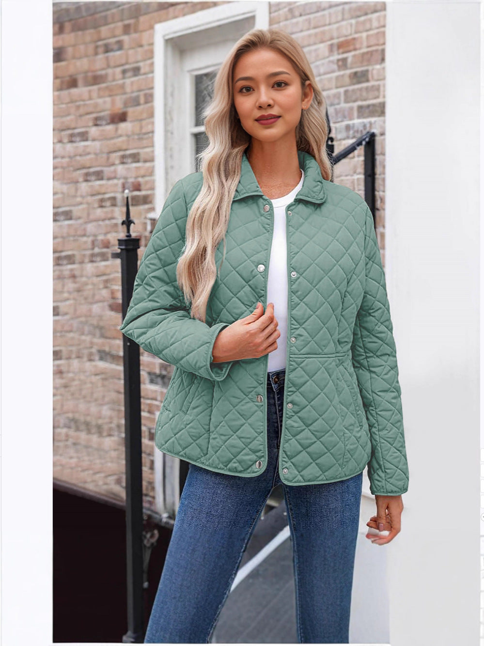Women's Solid Quilted Jacket – Casual Style with Warm Notched Collar