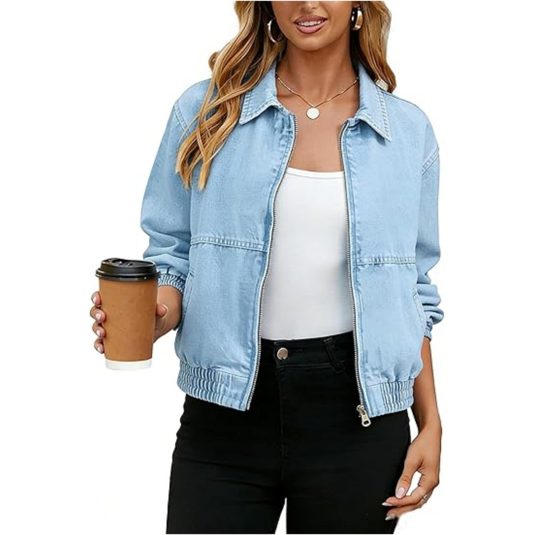 Short Retro Style Denim Jacket with Zip and Lapels