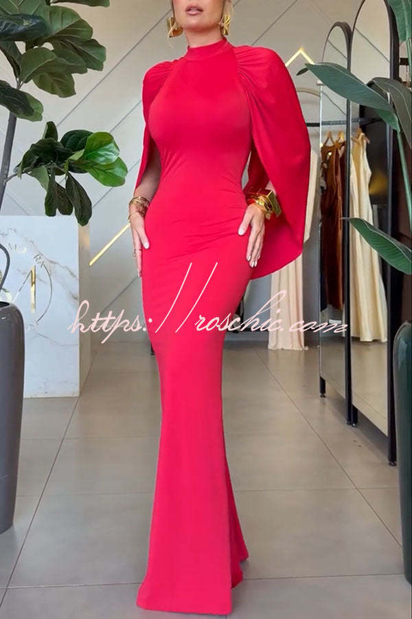 Mermaid High Neck Cape Sleeve Drape Open Back Evening Gown Maxi Dress