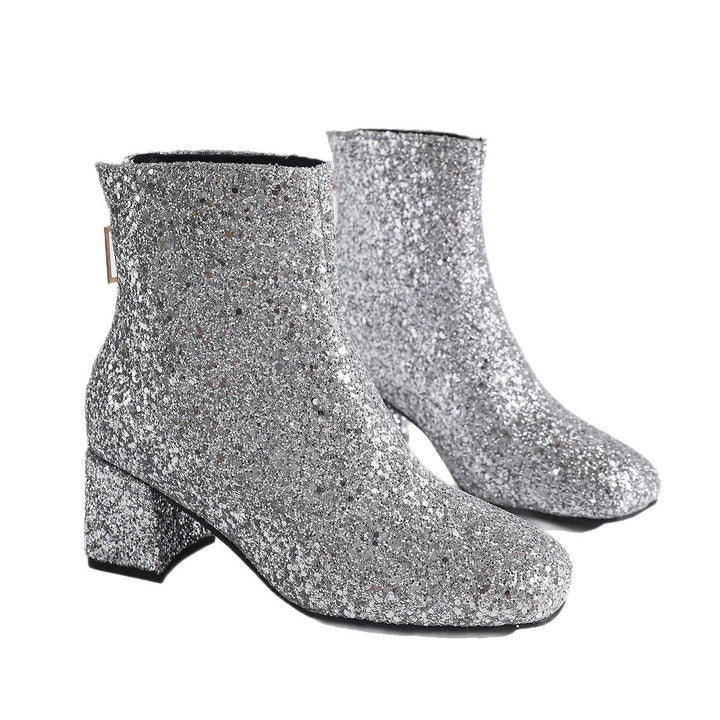 Glitter Ankle Boots with Pointed Toe and Block Heel for Women