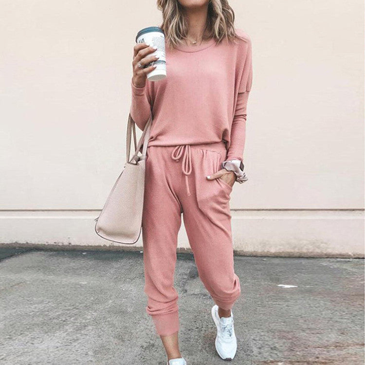 Casual Two-Piece Set for Women with Long Sleeves – Pullover Top and Drawstring Pants