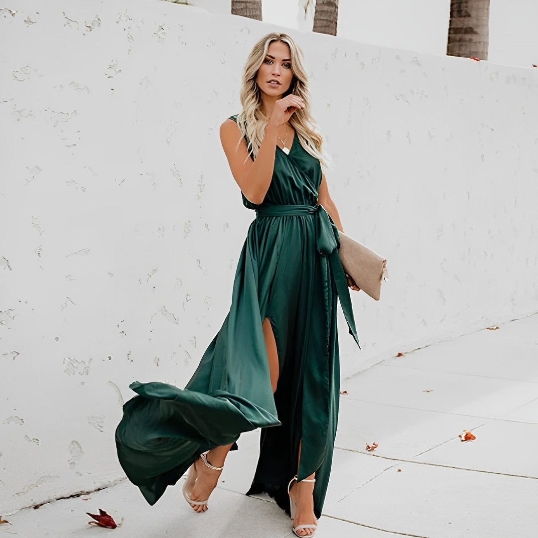 Women's Elegant Maxi Dress with Waist Belt for Special Occasions