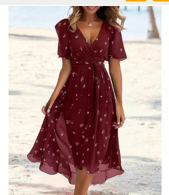 Women's Midi Floral Wrap Dress – A-Line Style with Short Sleeves