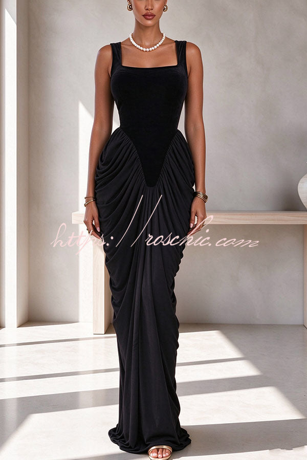 Eira Velvet Square Neck Ruched Drape Hem Maxi Dress