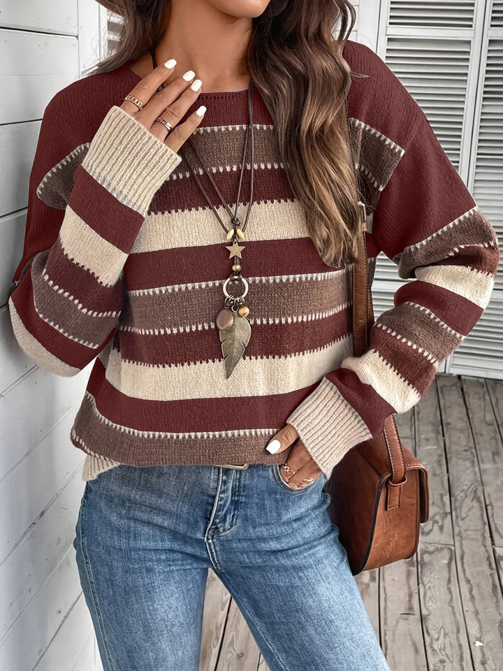 Women's Striped Knit Sweater with Round Neck