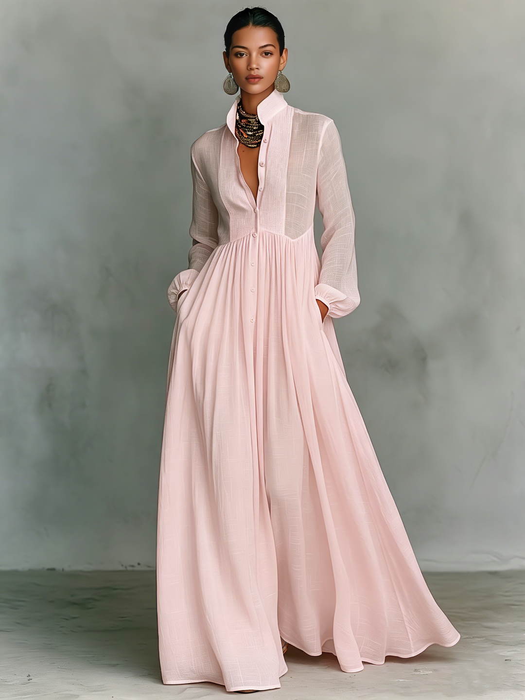 Kinsley - Minimalist Cotton And Linen Patchwork Single-breasted Stand-up Collar Long-sleeved Maxi Dress
