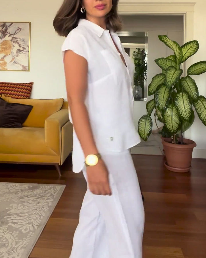 Amani Two-Piece: Short-Sleeved Collared Top with Pants, view 3 - Elena Harper