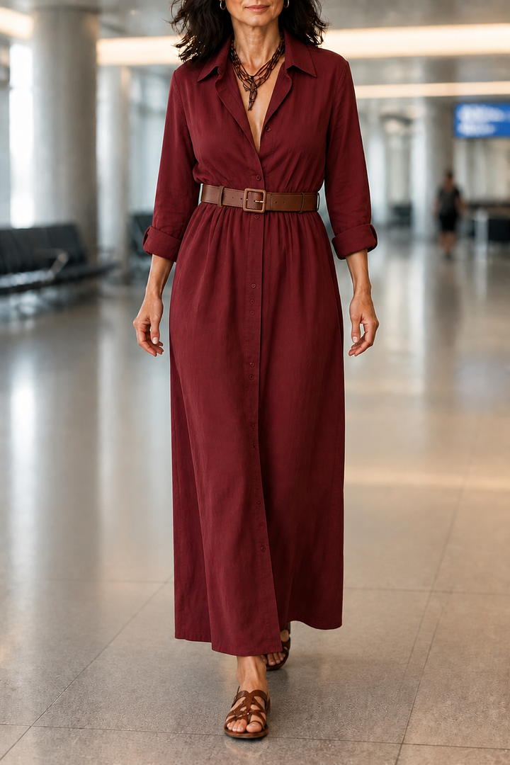 Belveil – Belted Collared Long-Sleeve Maxi Shirt Dress