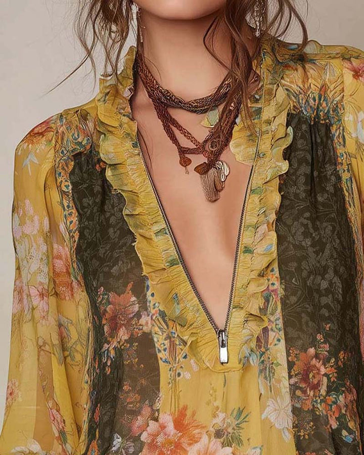 LILLIAN – ROMANTIC FLOWER BLOUSE WITH ZIPPER
