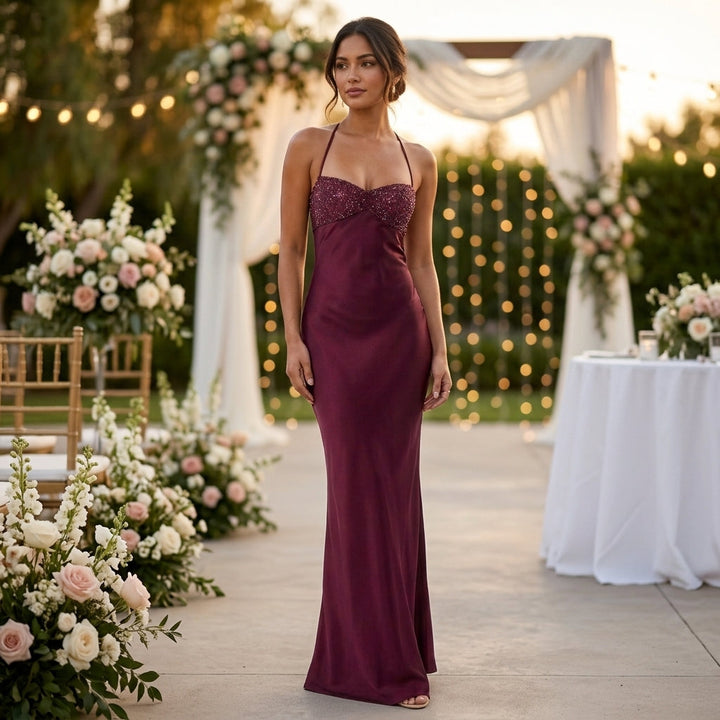 Burgundy Sequin Maxi Dress Gala