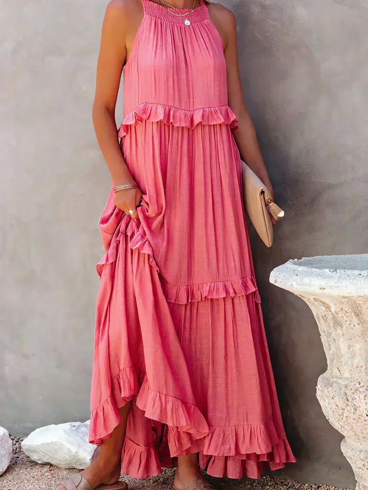 Delilah Elegant Halter Neck Ruffle Trim Dress - Elena Harper