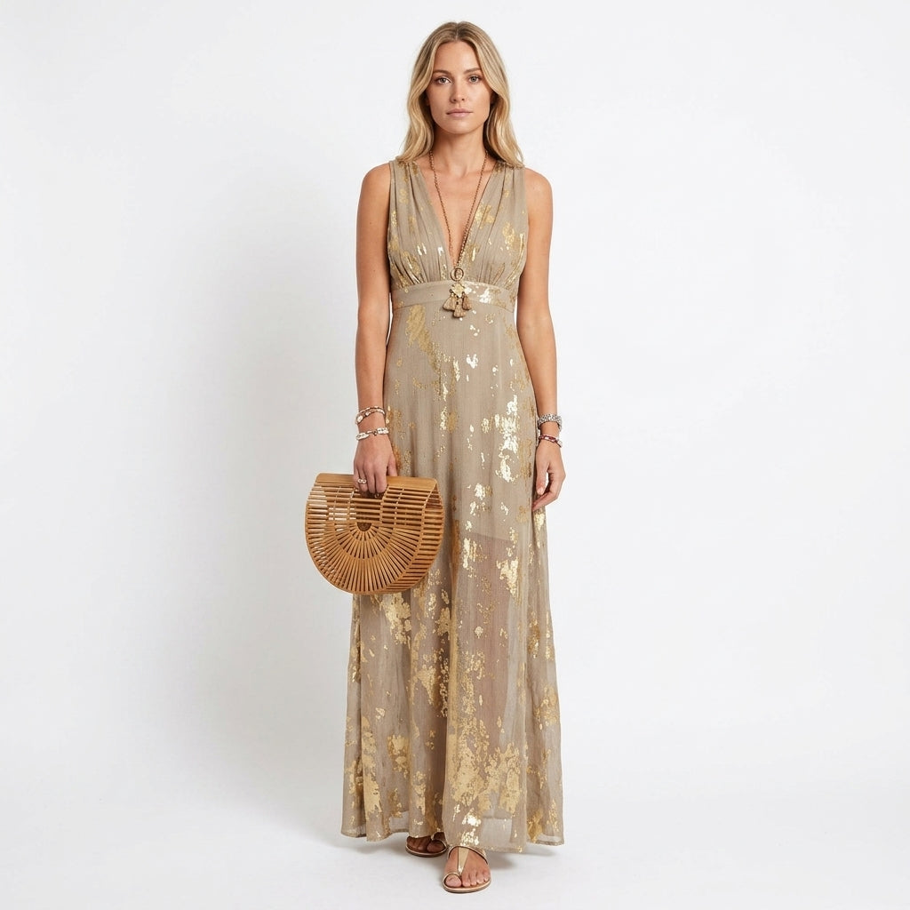 Yellow Sequin Maxi Dress Wedding Guest Evening Outfit
