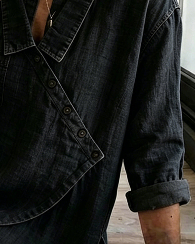 Loose Women's Blouse with Diagonal Buttons in Denim Style