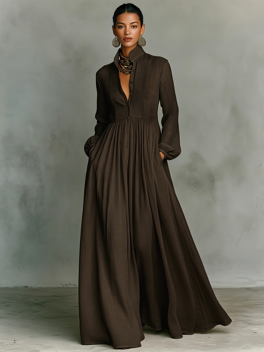 Sarah - Minimalist Cotton And Linen Patchwork Single-breasted Stand-up Collar Long-sleeved Maxi Dress