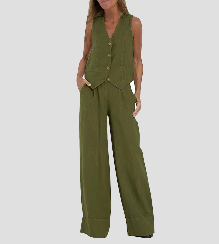Women's Sleeveless V-Neck Wide-Leg Trouser Set - Elegant & Versatile