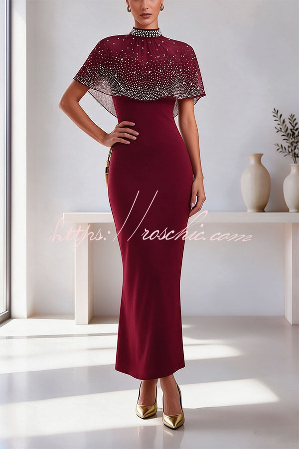 Grace Lady Sheer Pearl Details High-neck Cape Maxi Dress