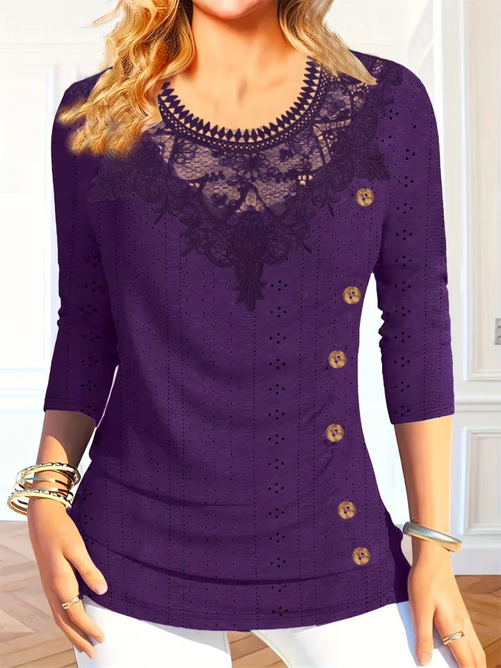 Leyana Top with Contrasting Lace Decoration and Buttons, view 2 - Elena Harper