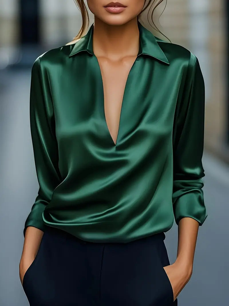 Women's Elegant Collared V-Neck Blouse - Long Sleeve