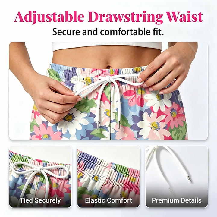 Women's Floral Pants with Adjustable Waist and Convenient Pockets