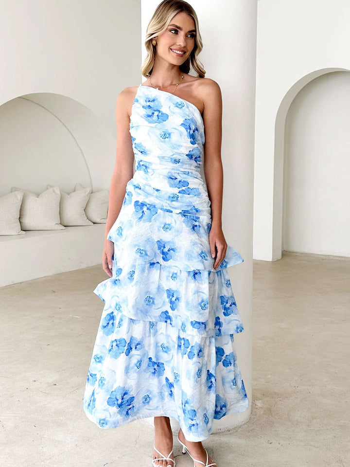 One-Shoulder Strappy Floral Print Dress, view 2 - Elena Harper