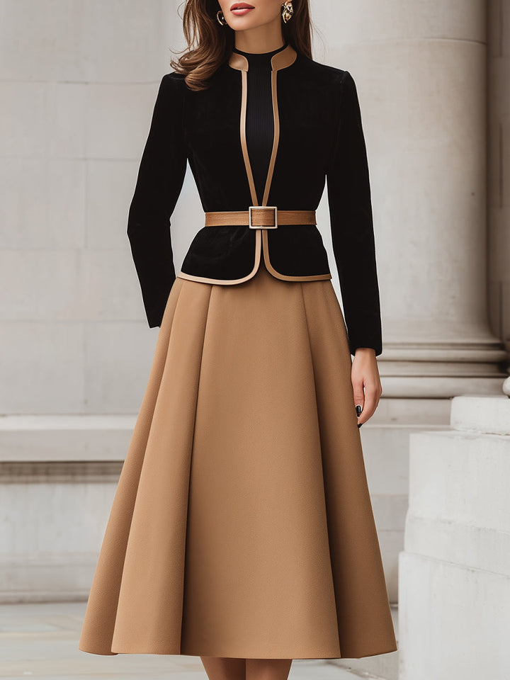 Blazer Midi Skirt Set Two Tone Trim Elegant Co Ord Outfit