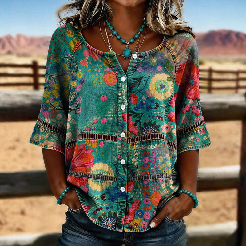 Vintage floral print button-up blouse for women