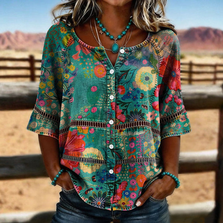 Vintage floral print button-up blouse for women