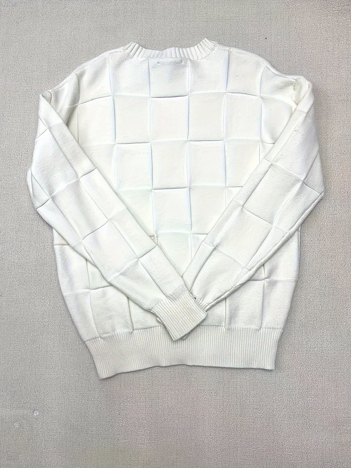 Sullivan Textured Check Crewneck Sweater, view 2 - Elena Harper