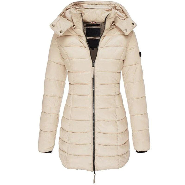 Women's Long Winter Puffer Jacket with Hood, view 2 - Elena Harper