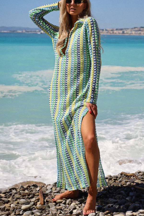 Eleanor Knit Colorful Wave Unique Print Shirt U-neck Long Sleeve Slit Maxi Dress