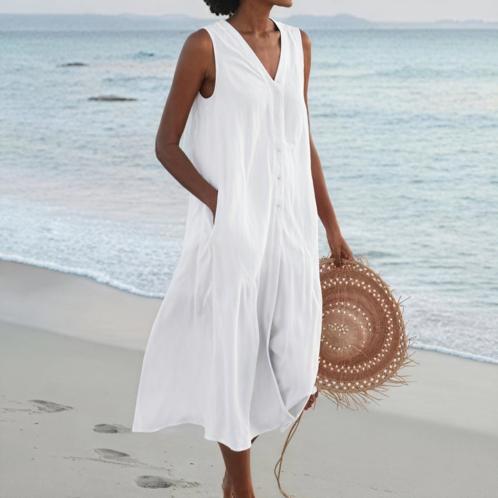 Sleeveless Shirt Dress Fluid V-Neck, view 3 - Elena Harper