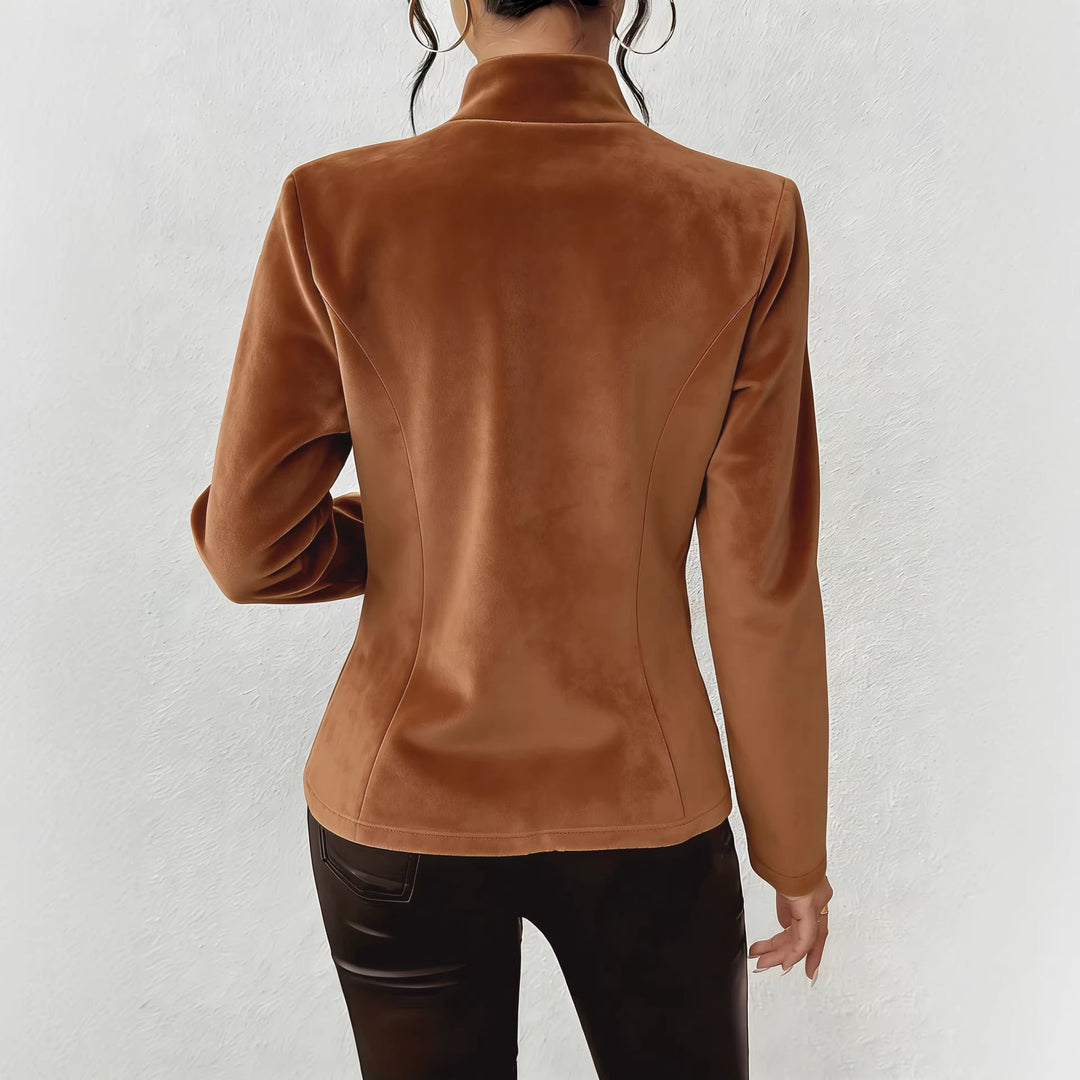 Women's Suede Effect Blazer with V-Neck and Three Buttons