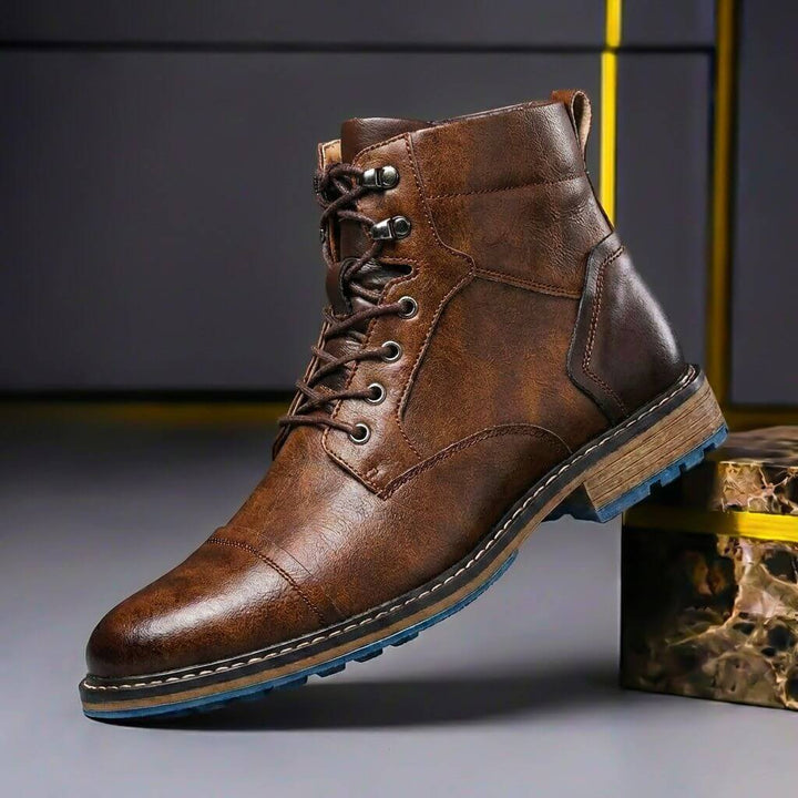 Adrian Striking Two-Tone Leather Boots with Elegant Craftsmanship, view 2 - Elena Harper