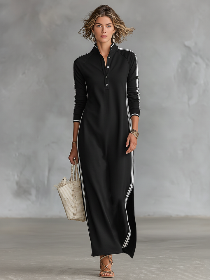 Maxi Sweat Dress for Women with Button-down Collar and White Trim