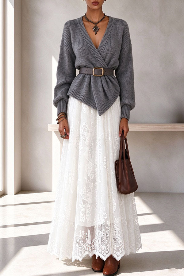 Exquisite Lace High Rise Elastic Waist A-line Maxi Skirt