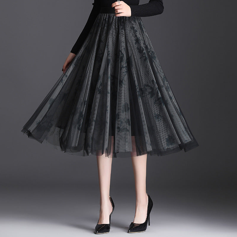 High-Waisted Pleated Three-Layered Mesh Skirt Perfect for Autumn, view 5 - Elena Harper