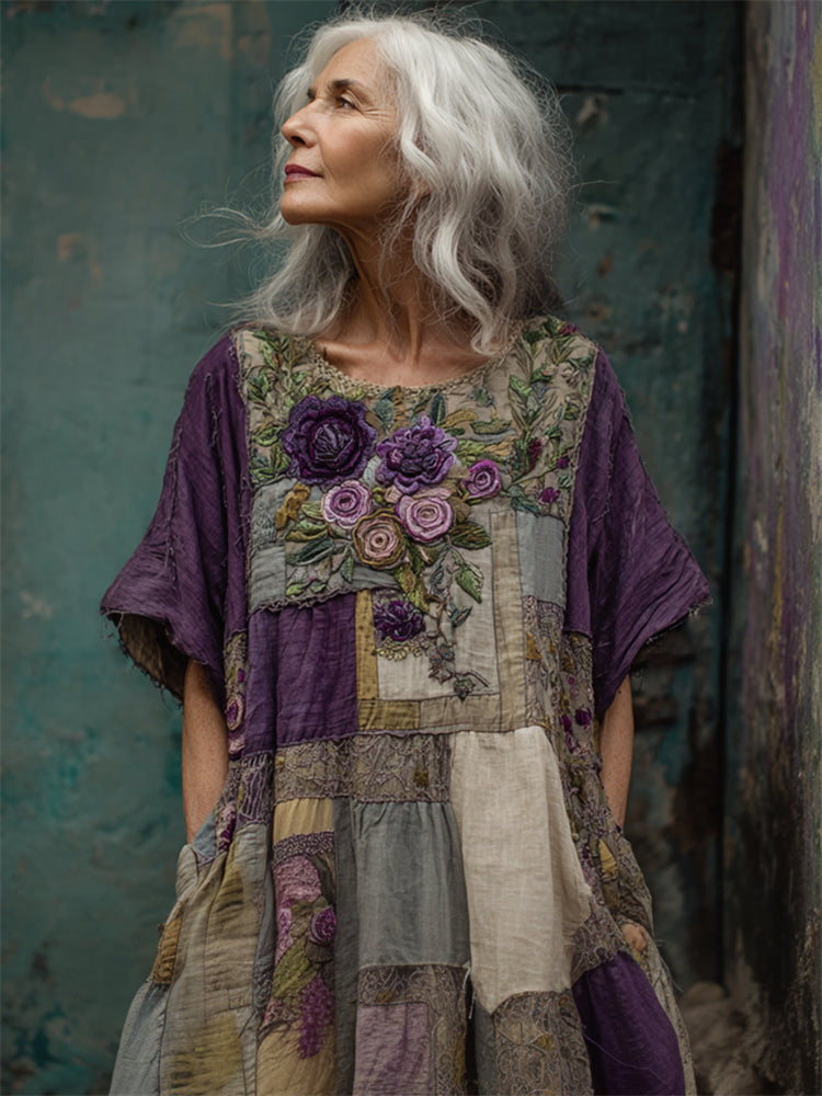 Women's Floral Patchwork Dress Loose Fit Artistic Style