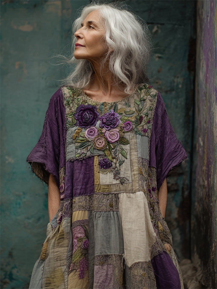 Women's Floral Patchwork Dress Loose Fit Artistic Style