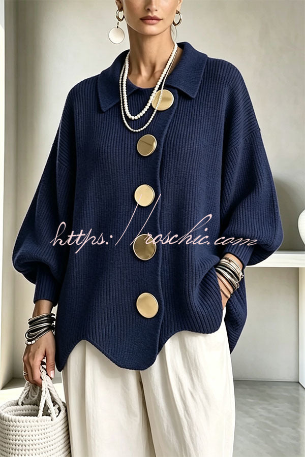 Shelia Knit Oversized Metal Buckle Balloon Sleeve Lapel Cardigan (Shipped Within 24 Hours), view 3 - Elena Harper