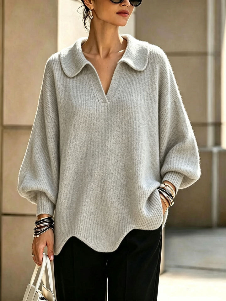 Women's V-Neck Sweater with Lantern Sleeves - Casual and Feminine