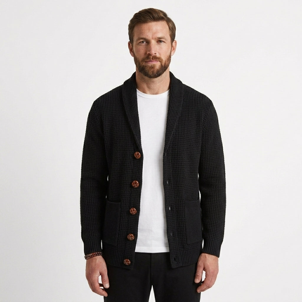 Textured Waffle-Knit Shawl Collar Cardigan For Men