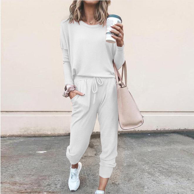 Casual Two-Piece Set for Women with Long Sleeves – Pullover Top and Drawstring Pants