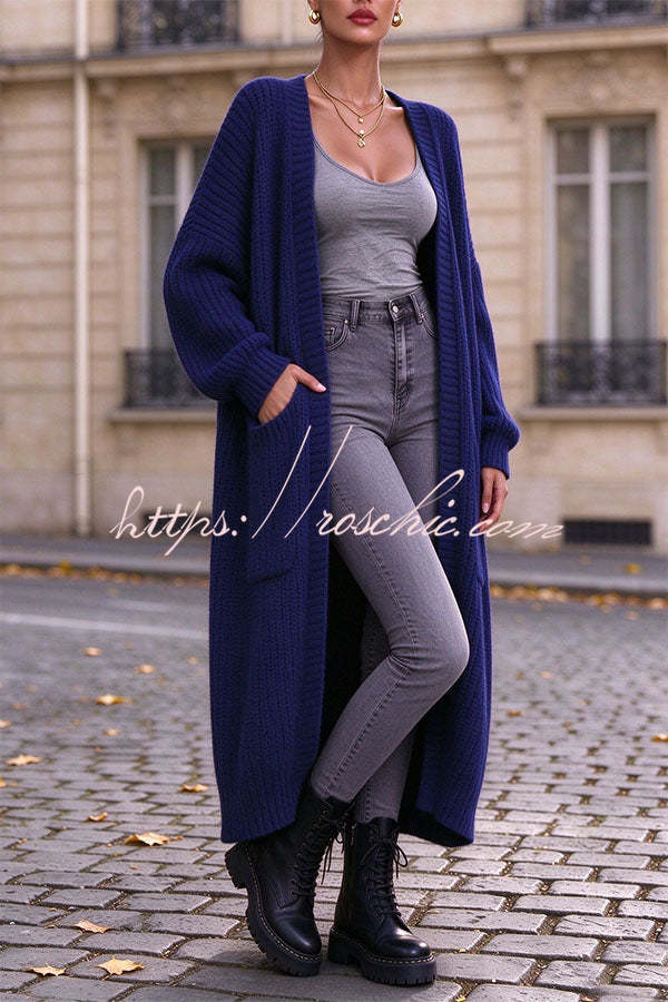 Trendy Thick Knit Open Front Long Sleeve Pocket Oversized Midi Cardigan