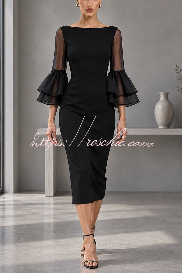 Formal Boat Neck Sheer Double Layer Bell Sleeve Bodycon Midi Dress