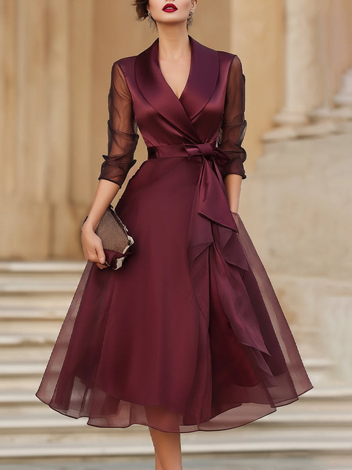 Minerva | Elegant Wrap Midi Dress With Sheer Sleeves