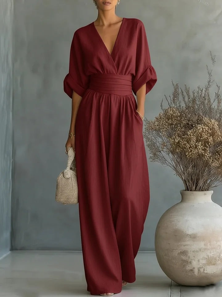 Elegant Women's Jumpsuit with V-Neck and Wide Legs