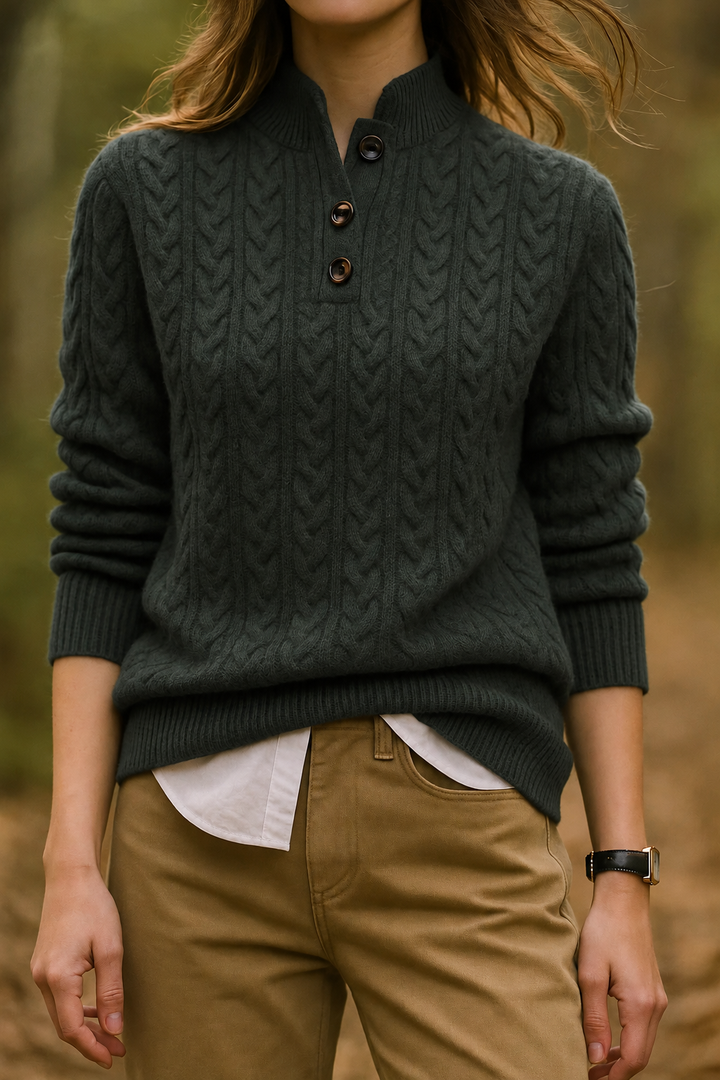 Cable Knit Sweater for Women with Button Closure at Neck Regular Fit