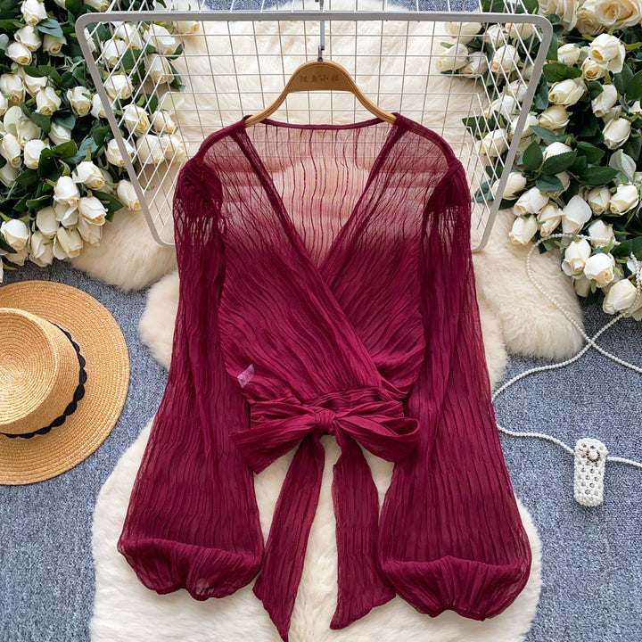 Bylle - V-neck Blouse with Bow and Ruffles